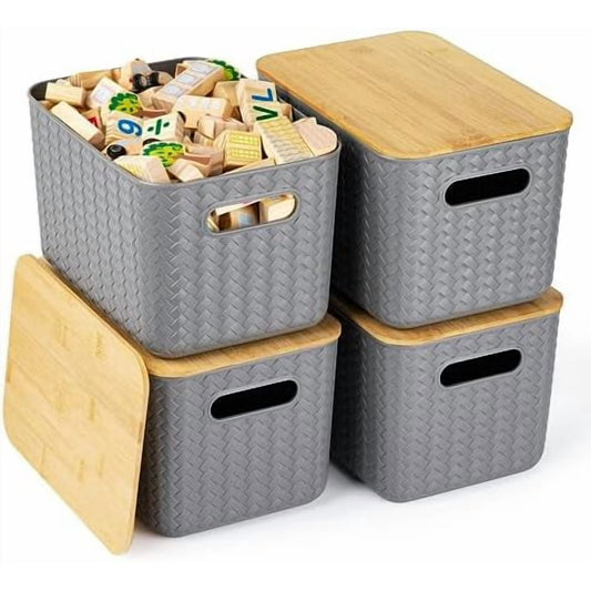 4 Packs Storage Bins with Bamboo Lids - Plastic Storage Containers with Lids Stackable Storage Box, Gray