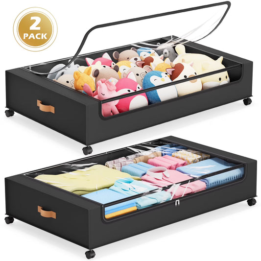 YOUPINS XXL 66L Under Bed Storage Bins with Wheels & Clear Lids – Rolling Containers for Clothes, Shoes, Toys, 2-Pack (Black)
