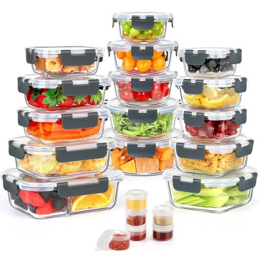 TAIMASI 42 Pcs Glass Food Storage Containers Set with Snap Locking Lids, 21 Containers & 21 Lids, Glass Meal Prep Lunch Box Containers, Grey