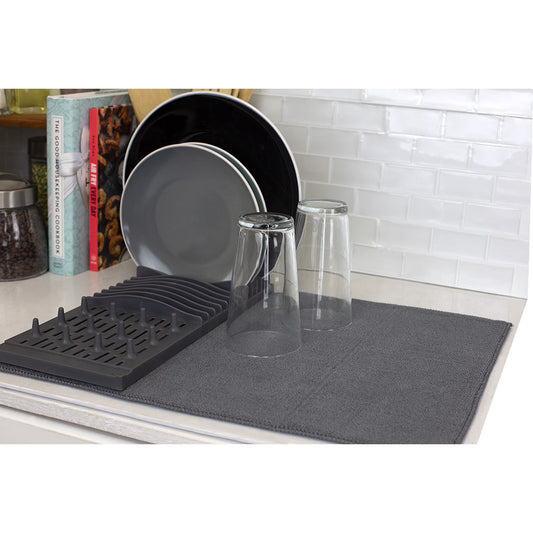 Home Basics Plastic Dish Drying Rack with Buttoned Microfiber Drying Mat, Grey