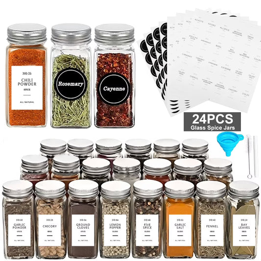 24 Pcs Glass Spice Jars/Bottles - 4oz Empty Square Spice Containers with 8 Spice Labels - Shaker Lids and Airtight Metal Caps Kosbon